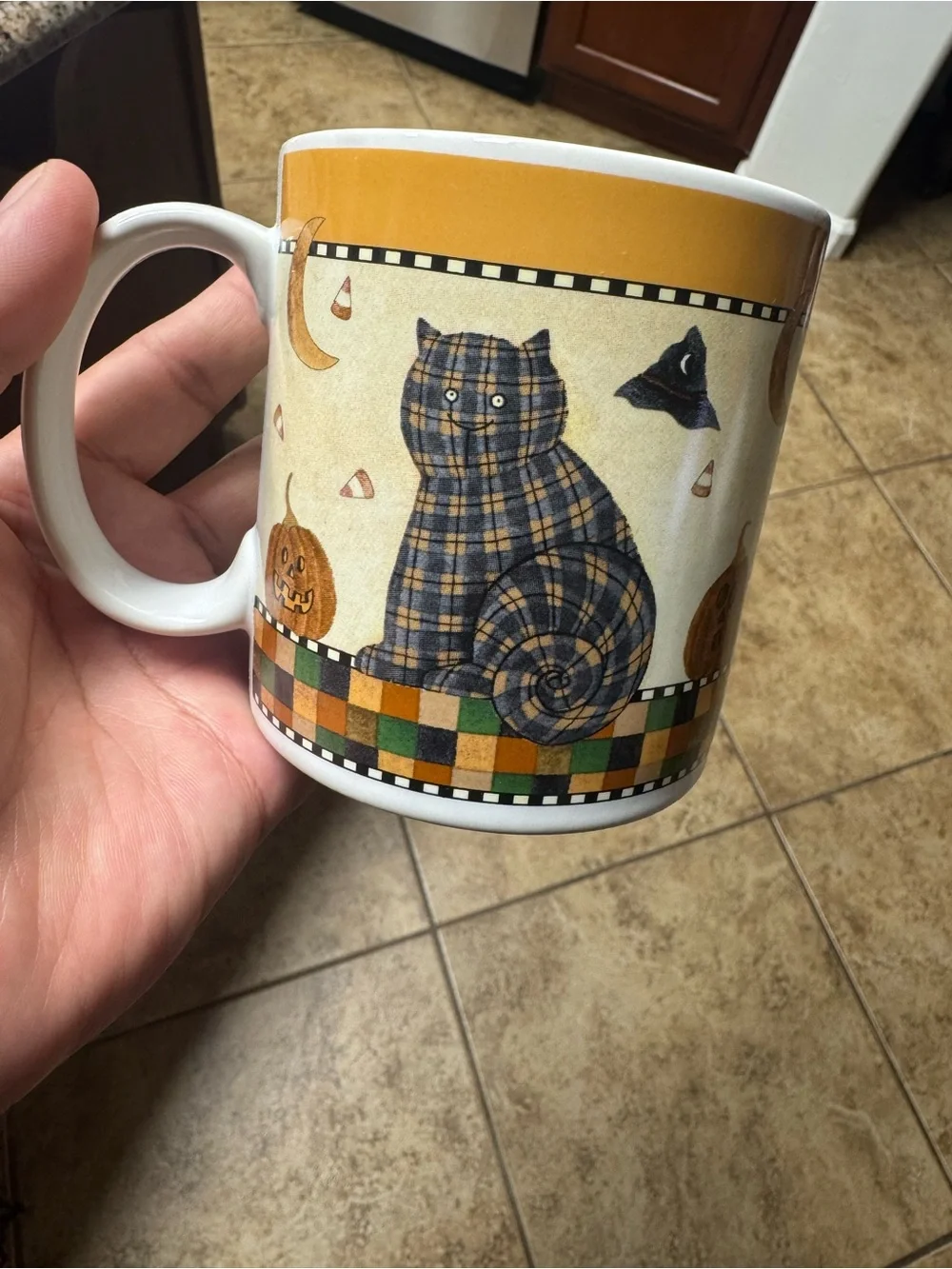 Debbie Mumm Plaid Cat Halloween Ceramic Mug - Orange, Green, Black